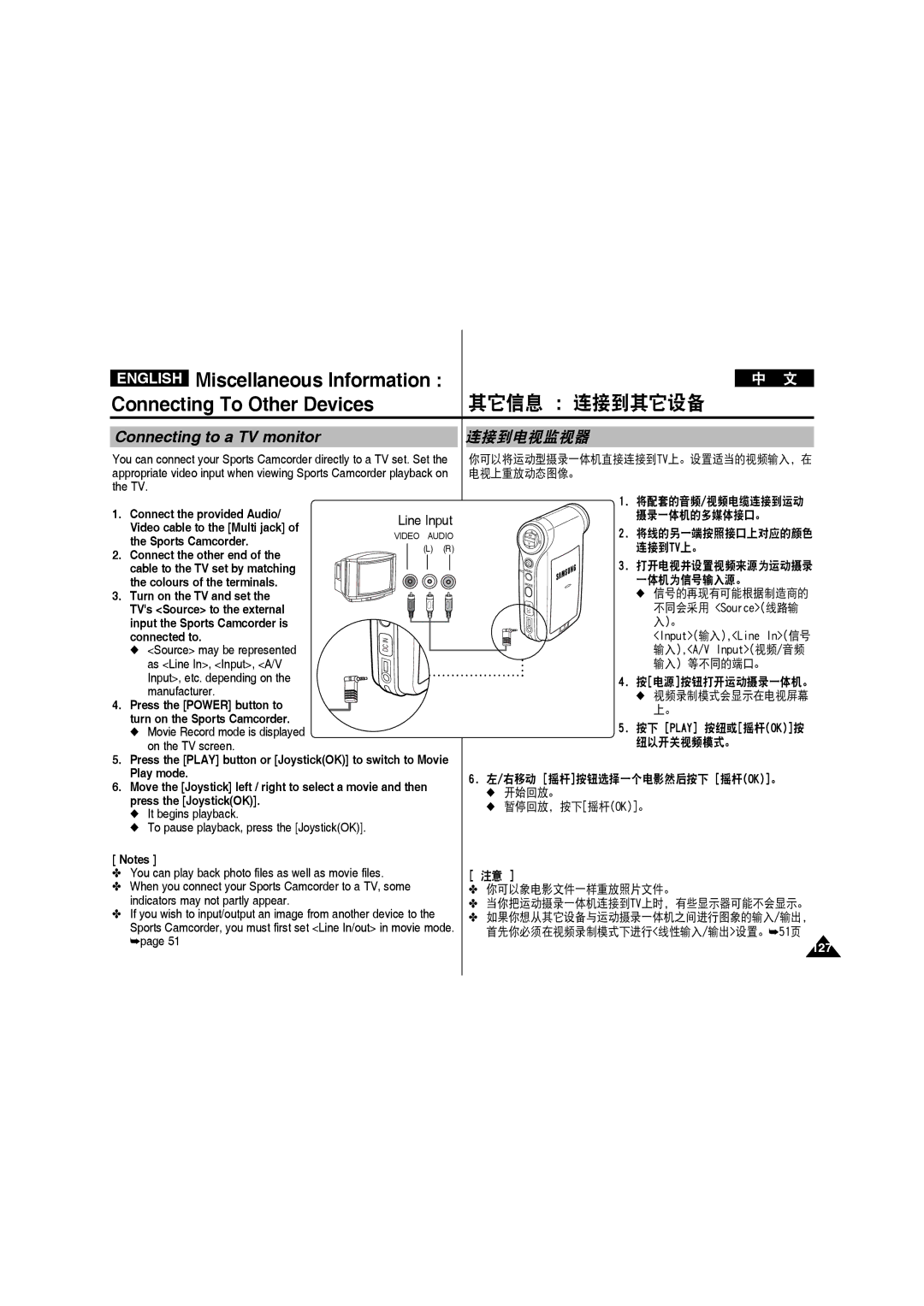 Samsung VP-X220L/XEF, VP-X210L/XEF, VP-X210L/XET, VP-X220L/XET, VP-X210L/MEA manual Connecting to a TV monitor, 连接到电视监视器 