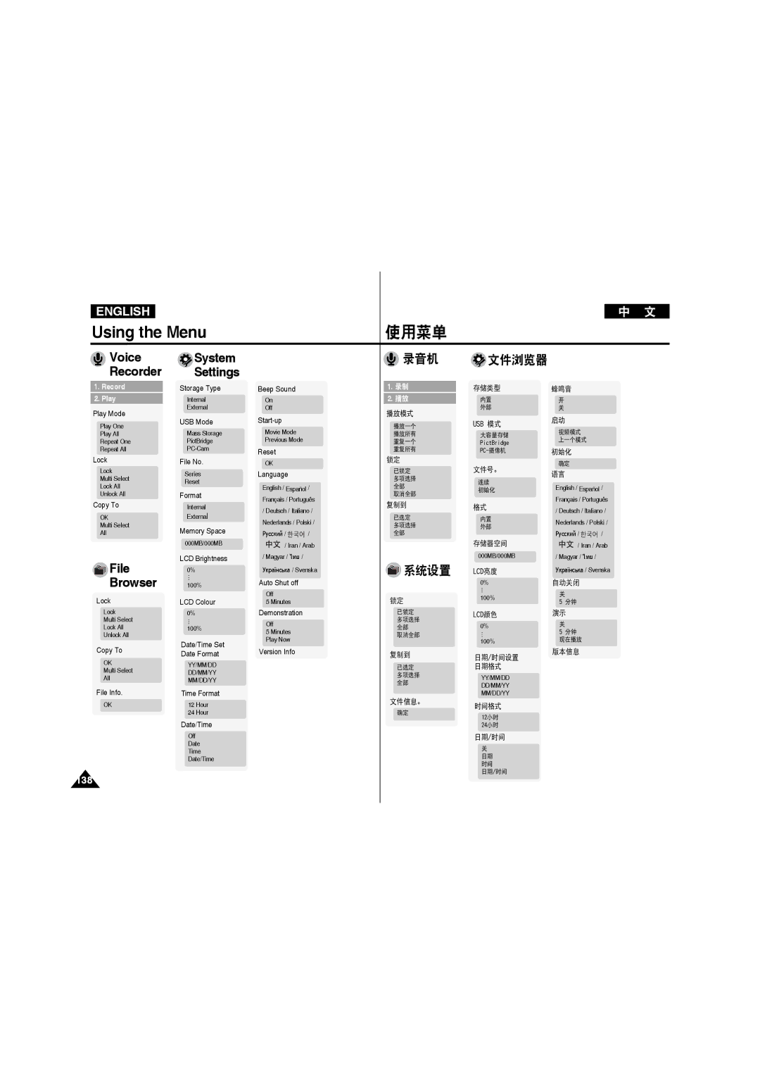 Samsung VP-X220L/XET, VP-X210L/XEF, VP-X220L/XEF, VP-X210L/XET, VP-X210L/MEA Voice Recorder, System Settings, File Browser 