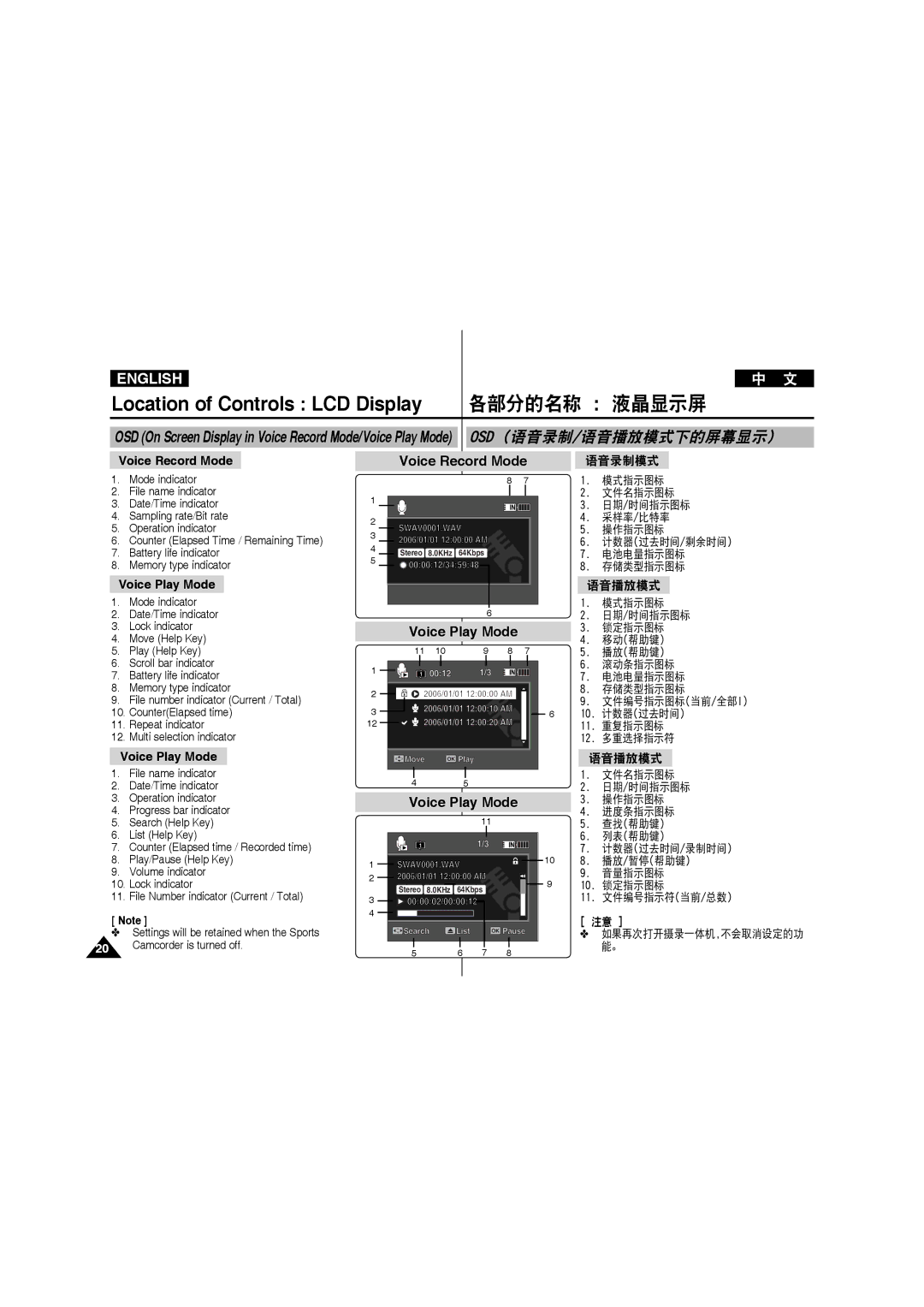 Samsung VP-X210L/XET, VP-X210L/XEF, VP-X220L/XEF, VP-X220L/XET Osd 语音录制/语音播放模式下的屏幕显示, Voice Record Mode, Voice Play Mode 