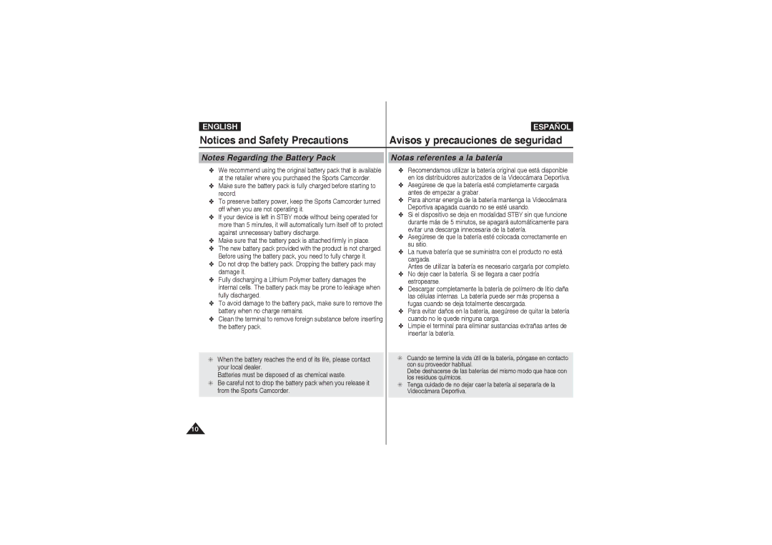 Samsung VP-X220L/XEF manual Notas referentes a la batería, Make sure that the battery pack is attached firmly in place 