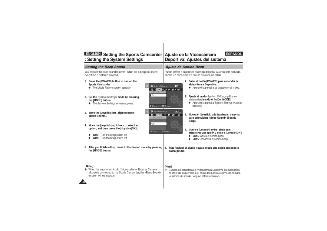 Samsung VP-X210L/XEF, VP-X220L/XEF, VP-X210L/XET, VP-X220L/XET Setting the System Settings Deportiva Ajustes del sistema 