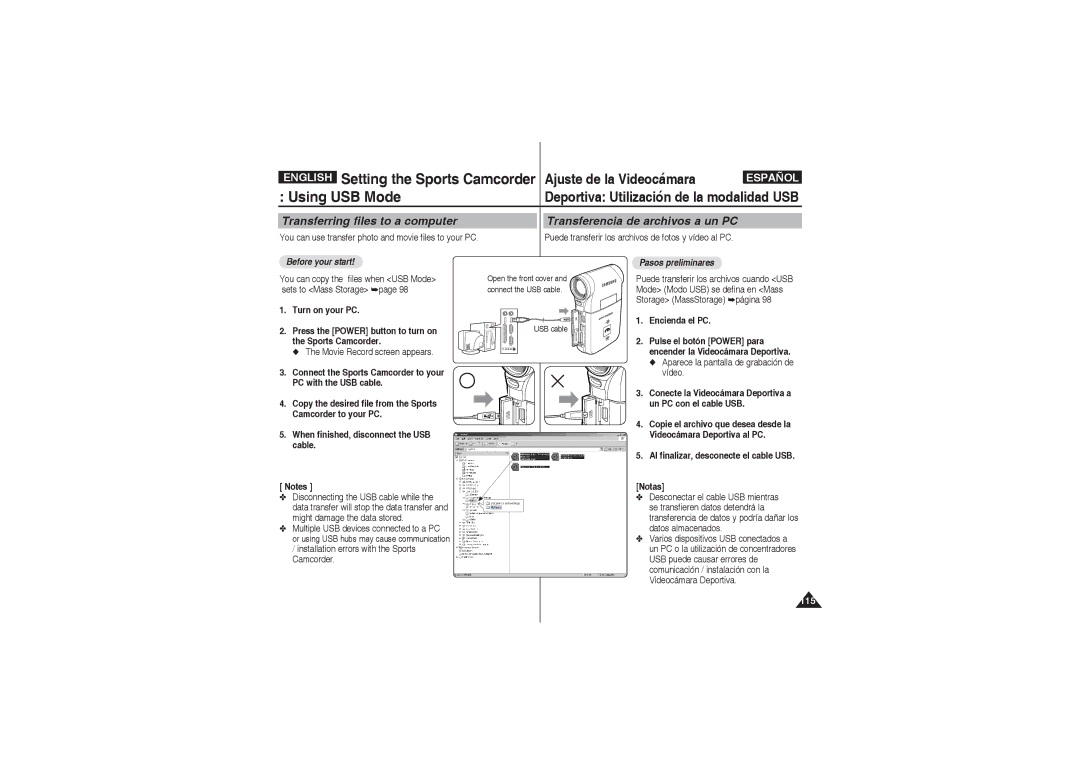 Samsung VP-X220L/XEO, VP-X210L/XEF manual Setting the Sports Camcorder, Using USB Mode, Transferring files to a computer 