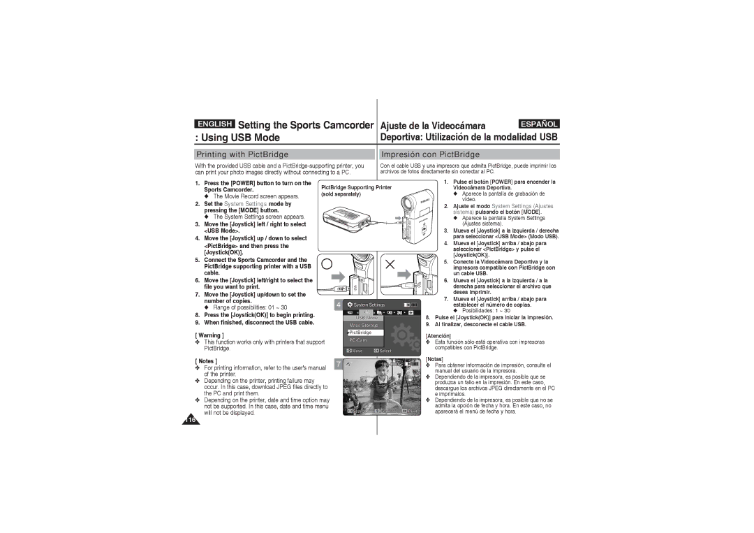 Samsung VP-X210L/XEE, VP-X210L/XEF, VP-X220L/XEF, VP-X210L/XET manual Printing with PictBridge Impresión con PictBridge 