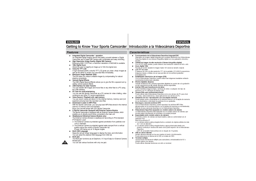 Samsung VP-X220L/XET, VP-X210L/XEF, VP-X220L/XEF, VP-X210L/XET, VP-X210L/MEA, VP-X210L/CHN manual Features, Características 