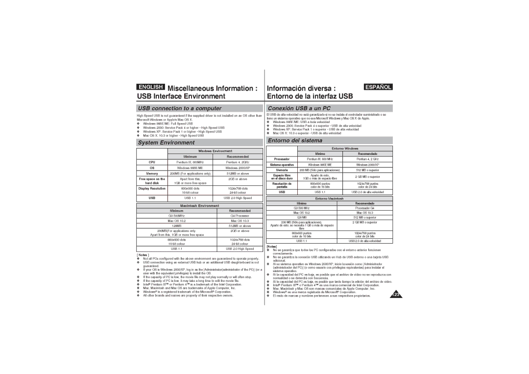 Samsung VP-X210L/EUR manual USB connection to a computer, System Environment, Conexión USB a un PC, Entorno del sistema 