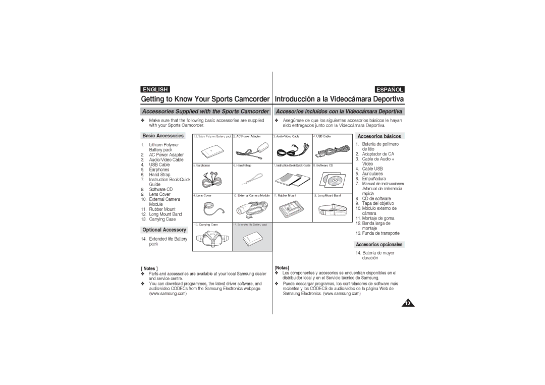 Samsung VP-X210L/MEA, VP-X210L/XEF Basic Accessories, Optional Accessory, Accesorios básicos, Accesorios opcionales, Notas 