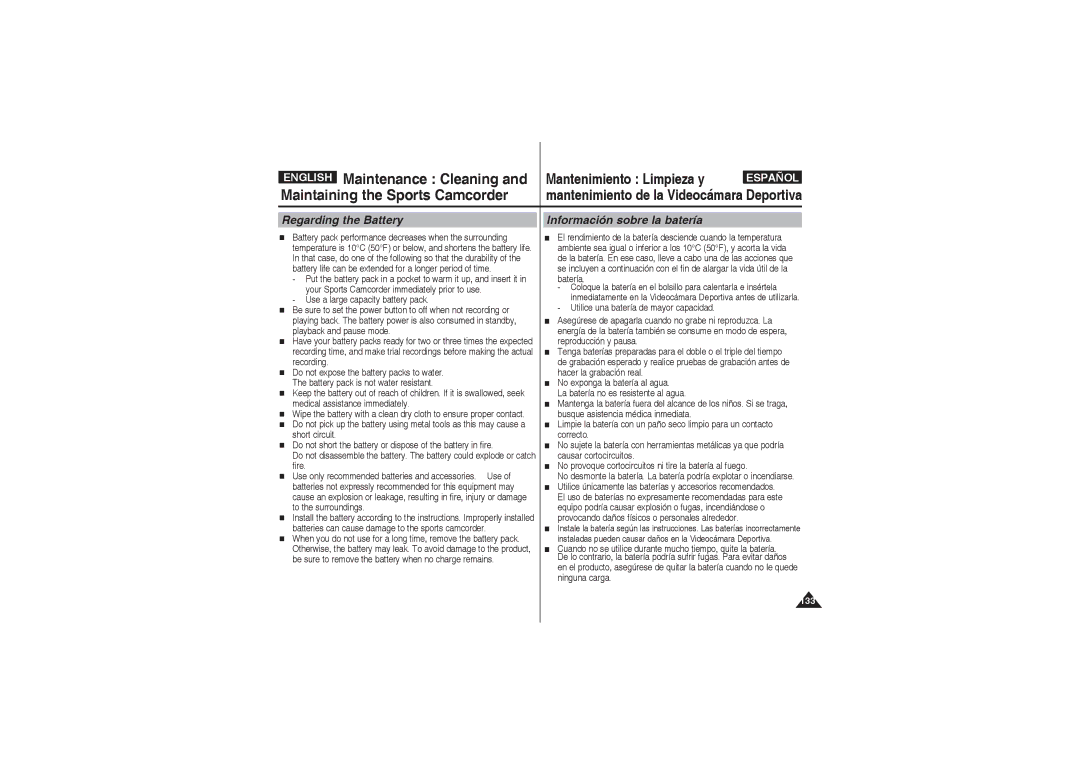 Samsung VP-X220L/XEO, VP-X210L/XEF, VP-X220L/XEF, VP-X210L/XET manual Regarding the Battery, Información sobre la batería 