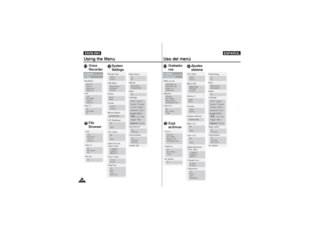 Samsung VP-X220L/XET, VP-X210L/XEF, VP-X220L/XEF manual Voice Recorder, File Browser, System Settings, Ajustes sistema 