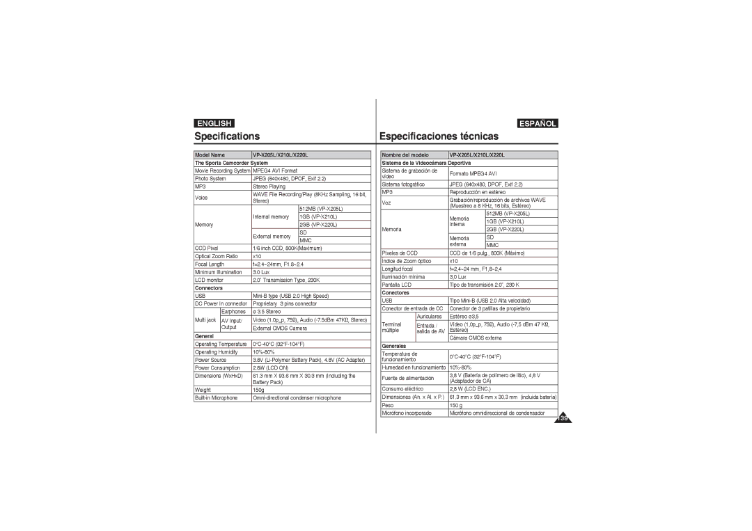 Samsung VP-X210L/MEA, VP-X210L/XEF, VP-X220L/XEF, VP-X210L/XET, VP-X220L/XET manual Specifications Especificaciones técnicas 