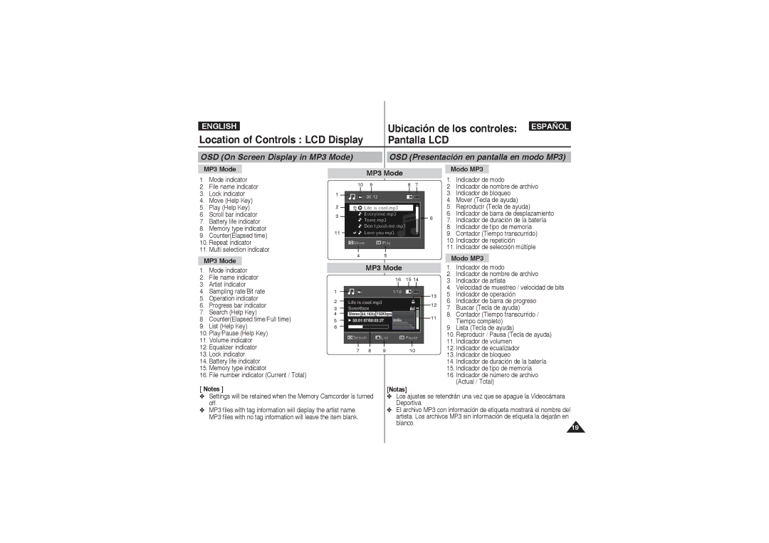 Samsung VP-X220L/XEF, VP-X210L/XEF, VP-X210L/XET, VP-X220L/XET, VP-X210L/MEA, VP-X210L/CHN, VP-X210L/EUR manual MP3 Mode Modo MP3 