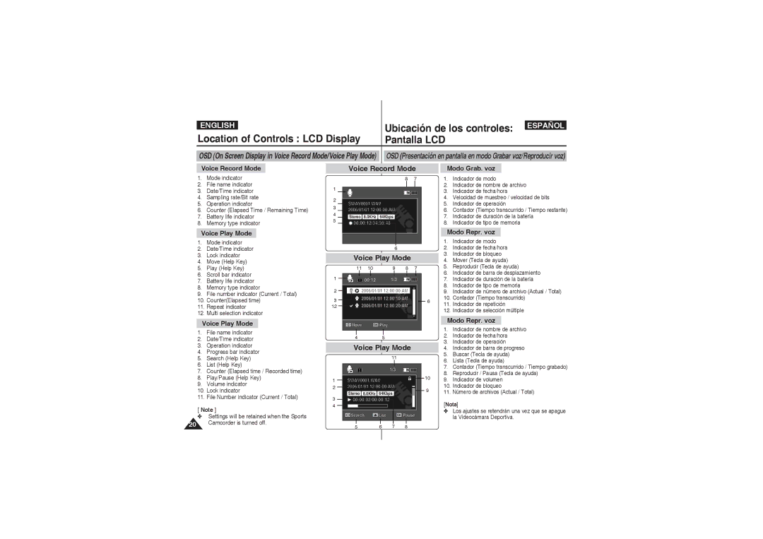 Samsung VP-X210L/XET, VP-X210L/XEF, VP-X220L/XEF manual Voice Play Mode, Modo Grab. voz, Modo Repr. voz, Voice Record Mode 