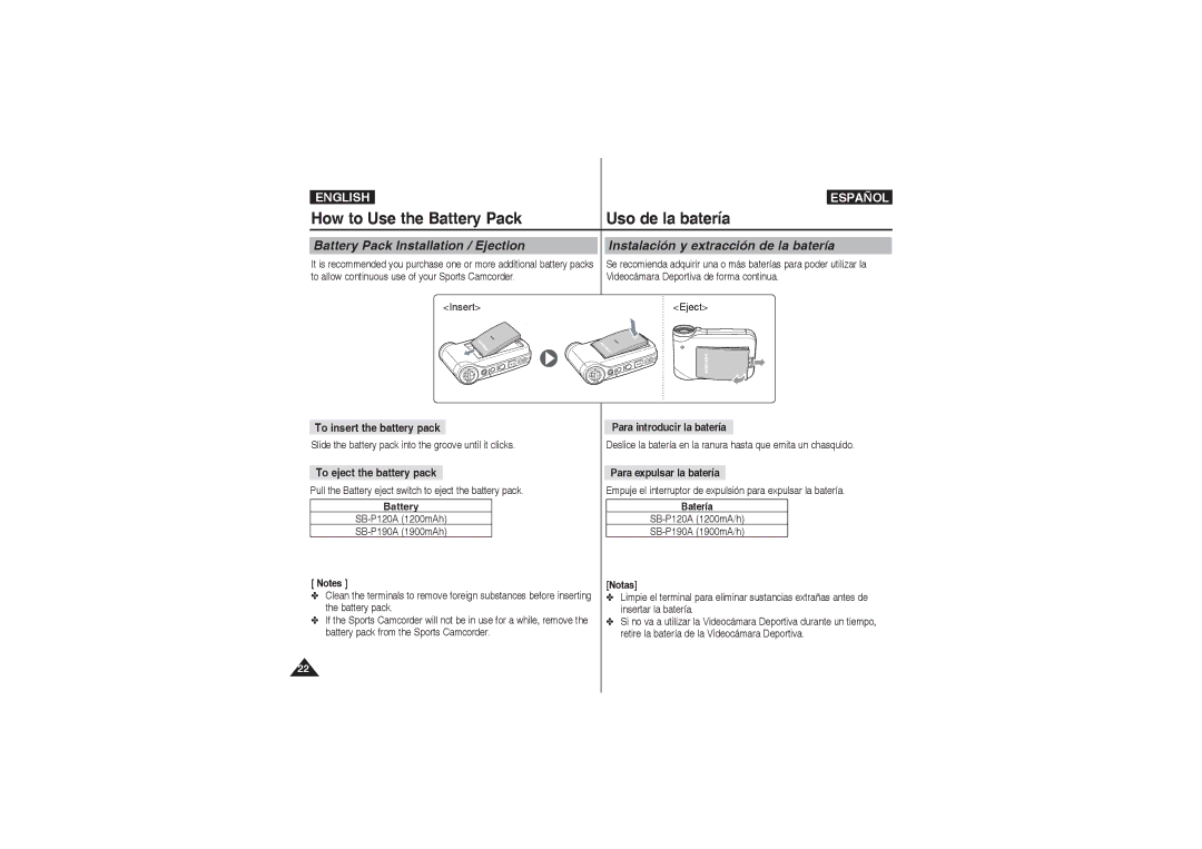 Samsung VP-X210L/MEA manual To insert the battery pack, To eject the battery pack, Battery, Para introducir la batería 