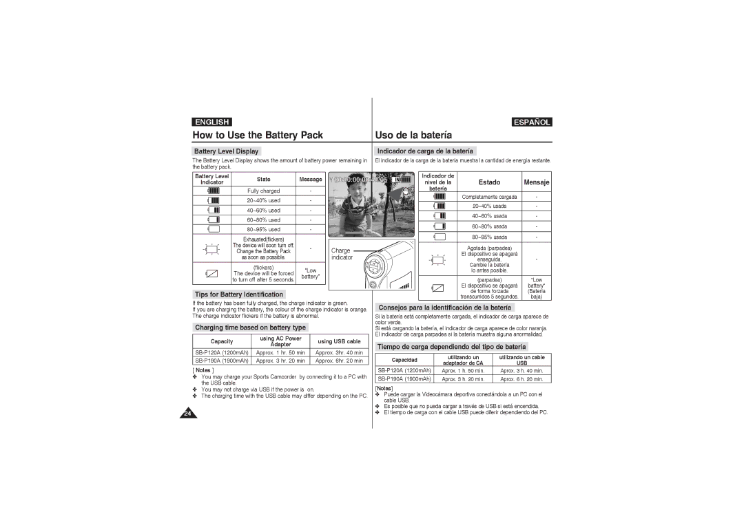 Samsung VP-X210L/EUR, VP-X210L/XEF manual How to Use the Battery Pack Uso de la batería, Battery Level Display, Recording 