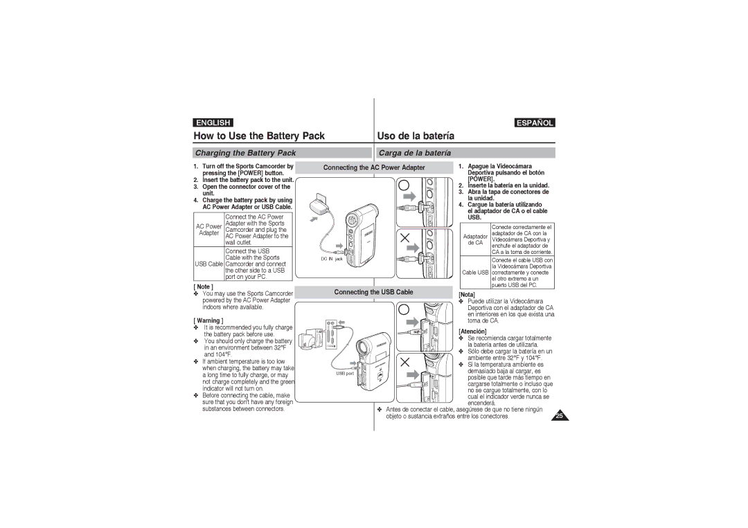 Samsung VP-X220L/XEO manual Carga de la batería, Connecting the AC Power Adapter, Connecting the USB Cable, Atención 