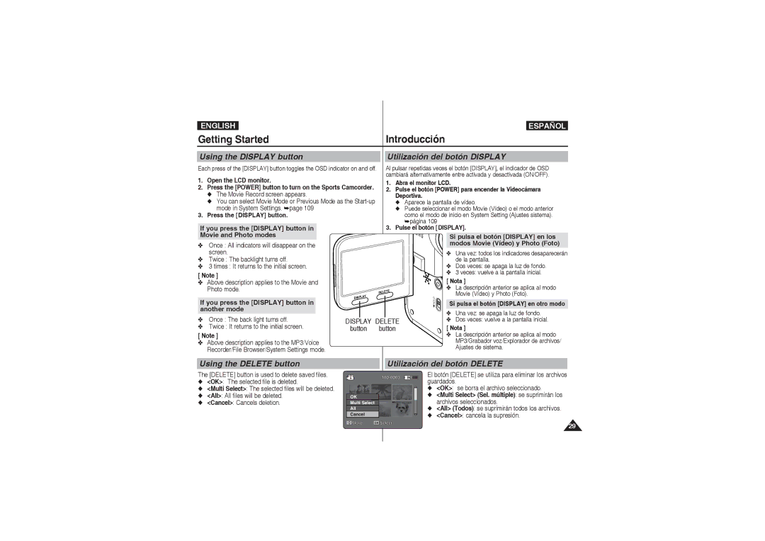 Samsung VP-X210L/XET, VP-X210L/XEF, VP-X220L/XEF, VP-X220L/XET manual Using the Display button Utilización del botón Display 