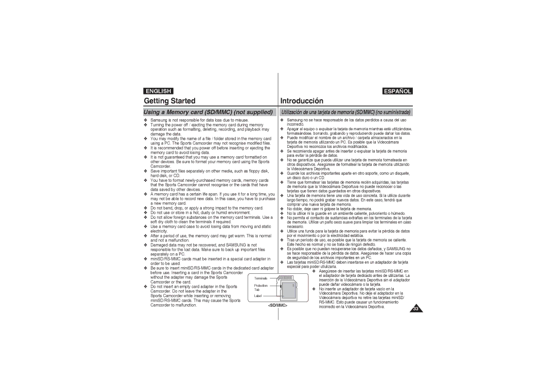 Samsung VP-X210L/EUR, VP-X210L/XEF, VP-X220L/XEF, VP-X210L/XET, VP-X220L/XET manual Using a Memory card SD/MMC not supplied 