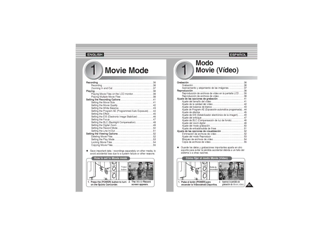 Samsung VP-X210L/XEE, VP-X210L/XEF, VP-X220L/XEF, VP-X210L/XET, VP-X220L/XET manual Movie Mode, Movie Record screen appears 