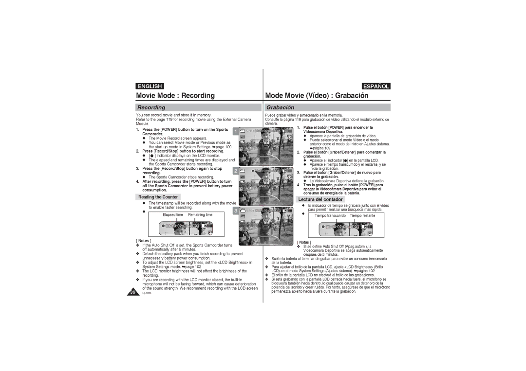 Samsung VP-X210L/XEF manual Movie Mode Recording Mode Movie Vídeo Grabación, Recording Grabación, Lectura del contador 