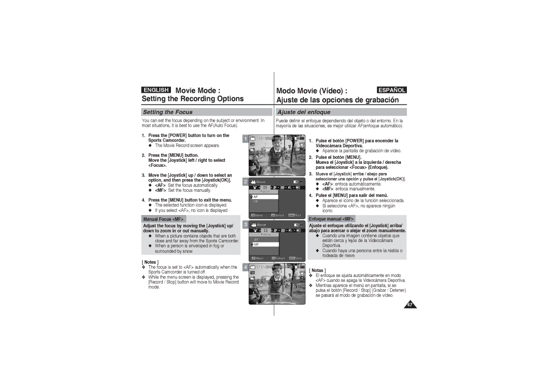 Samsung VP-X210L/XET Setting the Focus, Ajuste del enfoque, AF Set the focus automatically MF Set the focus manually 