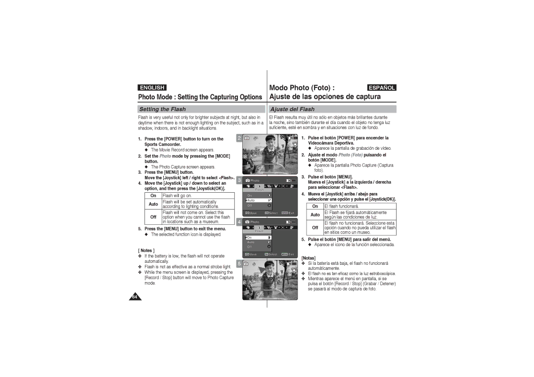 Samsung VP-X220L/XEF, VP-X210L/XEF, VP-X210L/XET, VP-X220L/XET, VP-X210L/MEA, VP-X210L/CHN Setting the Flash Ajuste del Flash 