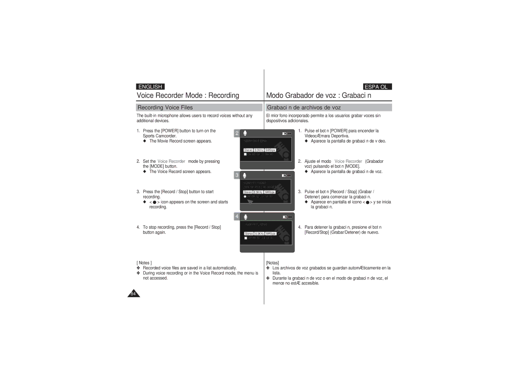 Samsung VP-X220L/XET Recording Voice Files Grabación de archivos de voz, Press the Record / Stop button to start recording 