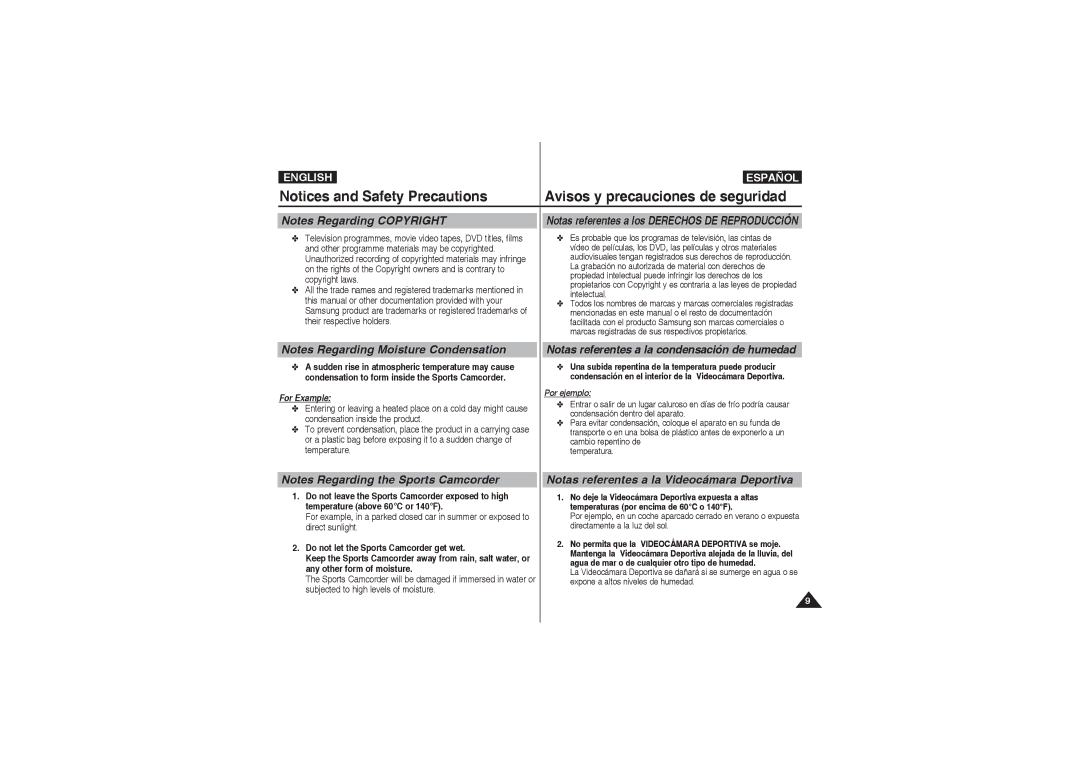 Samsung VP-X210L/XEF manual Notas referentes a la Videocámara Deportiva, Notas referentes a los Derechos DE Reproducción 