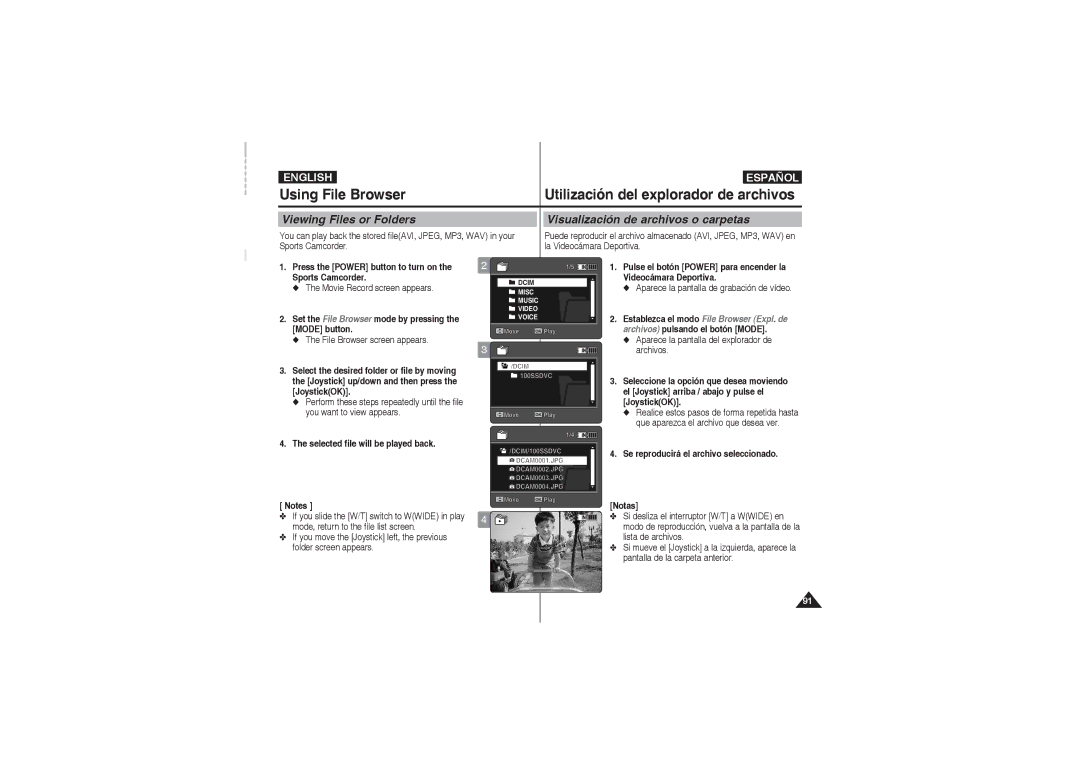 Samsung VP-X220L/XEF, VP-X210L/XEF manual Set the File Browser mode by pressing the Mode button, File Browser screen appears 