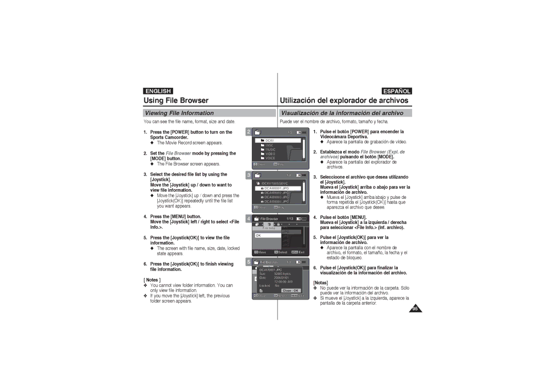 Samsung VP-X210L/CHN, VP-X210L/XEF, VP-X220L/XEF manual Viewing File Information, Visualización de la información del archivo 