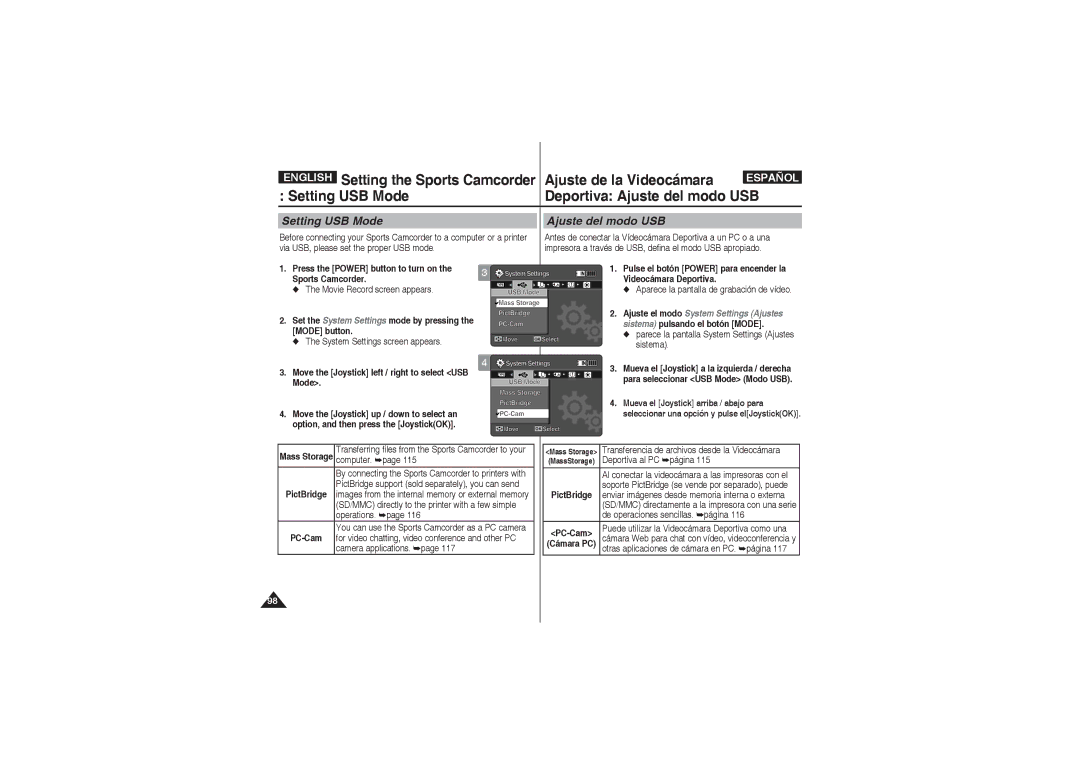 Samsung VP-X210L/XEE Setting USB Mode Deportiva Ajuste del modo USB, Move the Joystick left / right to select USB Mode 