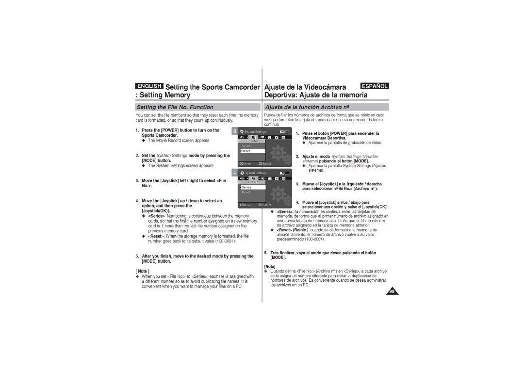 Samsung VP-X210L/XEF, VP-X220L/XEF, VP-X210L/XET manual Setting the File No. Function, Ajuste de la función Archivo nº 