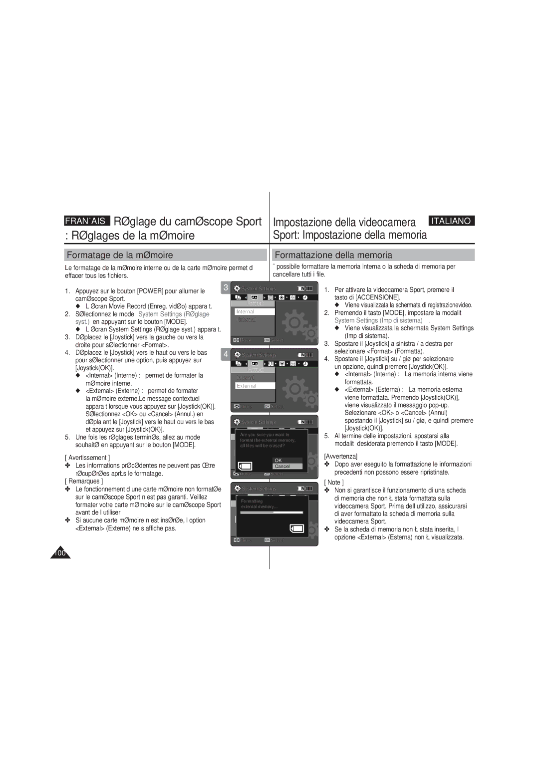 Samsung VP-X210L/XEF Formatage de la mémoire Formattazione della memoria, Avertissement, Récupérées après le formatage 