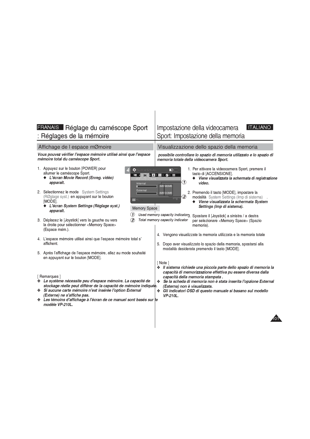 Samsung VP-X220L/XEF Appuyez sur le bouton Power pour, Allumer le caméscope Sport Tasto di Accensione, Memoria, Espace mém 