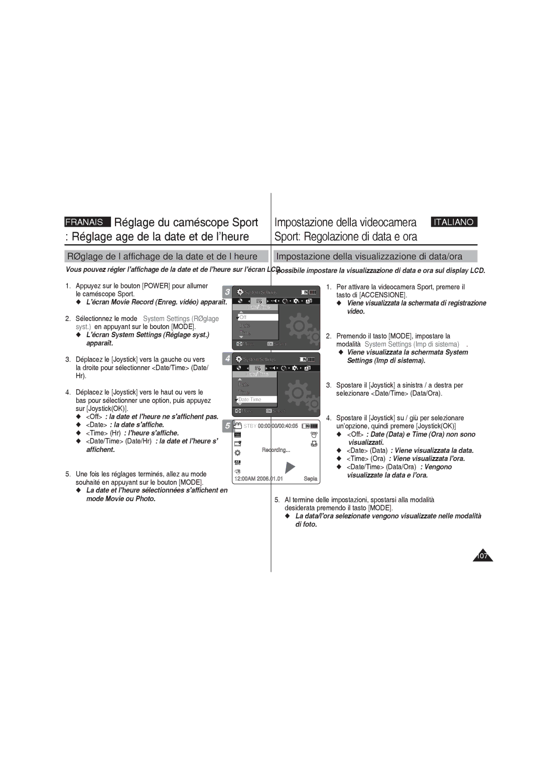 Samsung VP-X220L/XET, VP-X210L/XEF ’écran System Settings Réglage syst, Date la date s’affiche, Time Hr l’heure s’affiche 