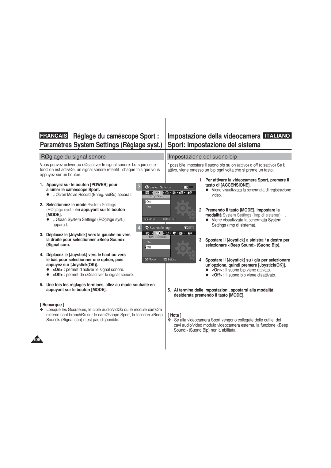 Samsung VP-X210L/XEF manual Réglage du signal sonore Impostazione del suono bip, On permet d’activer le signal sonore 