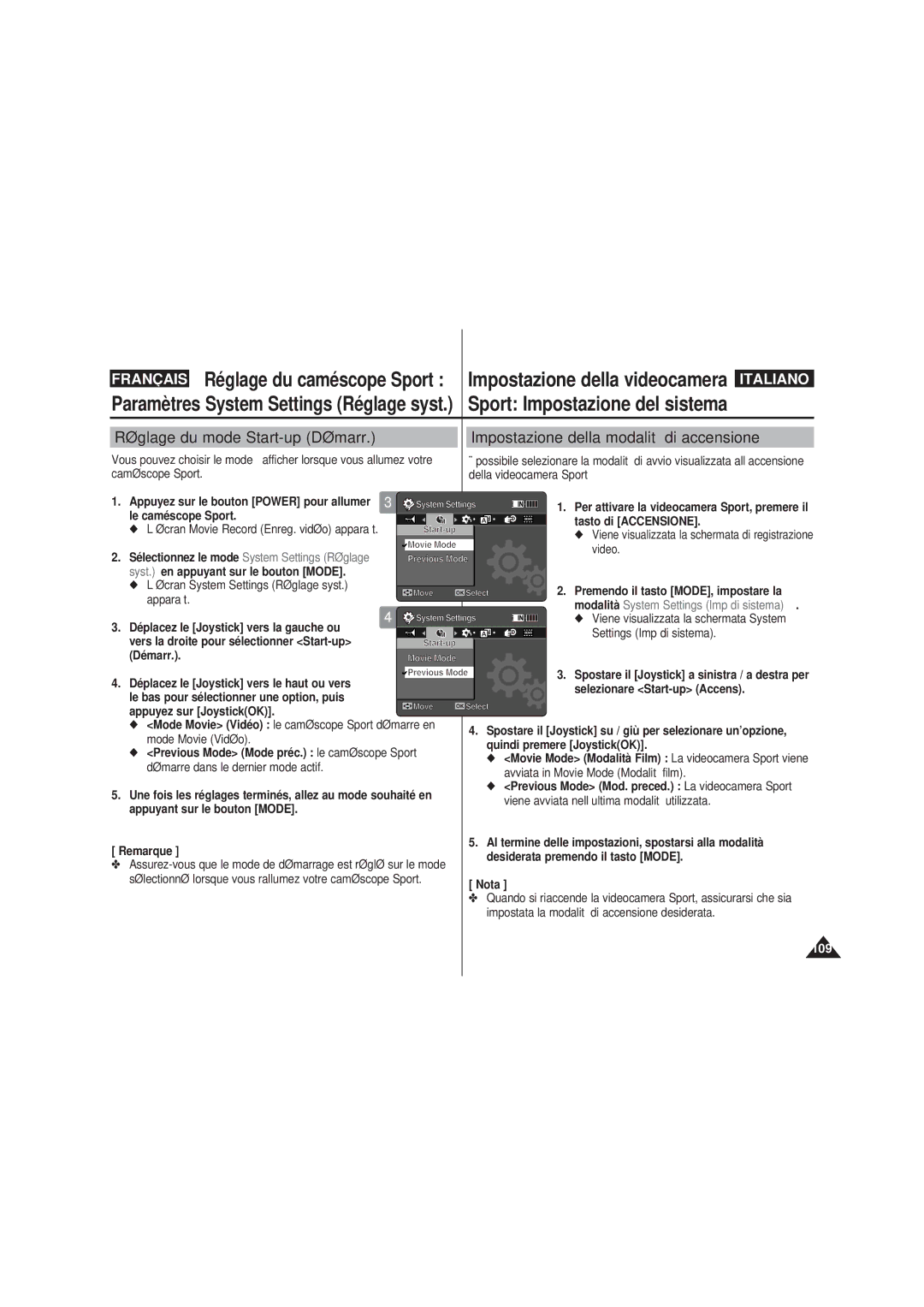 Samsung VP-X220L/XEF, VP-X210L/XEF, VP-X210L/XET Réglage du mode Start-up Démarr, Impostazione della modalità di accensione 