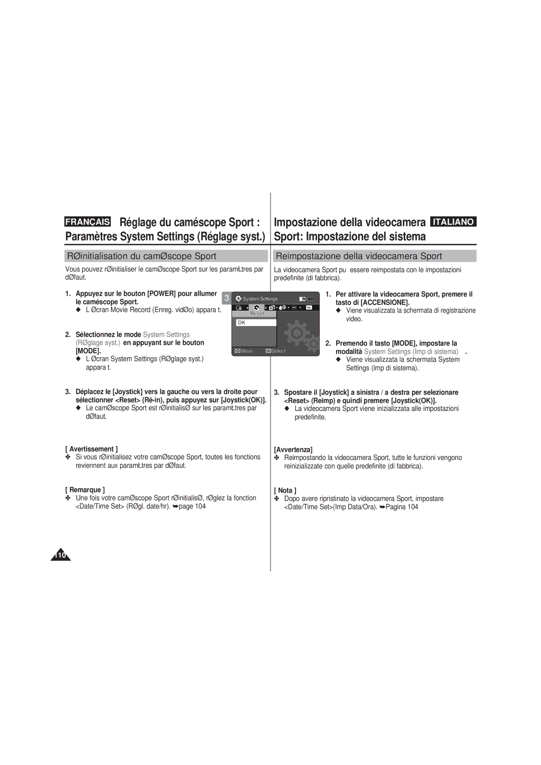 Samsung VP-X210L/XET, VP-X210L/XEF manual Réinitialisation du caméscope Sport, Reimpostazione della videocamera Sport 