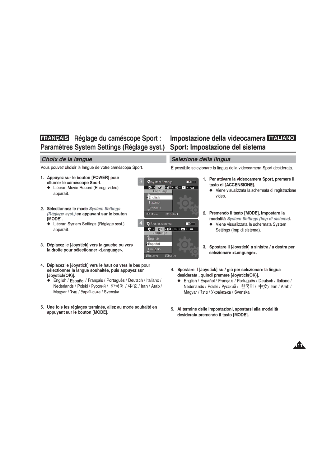 Samsung VP-X220L/XET, VP-X210L/XEF, VP-X220L/XEF Sport Impostazione del sistema, Choix de la langue Selezione della lingua 