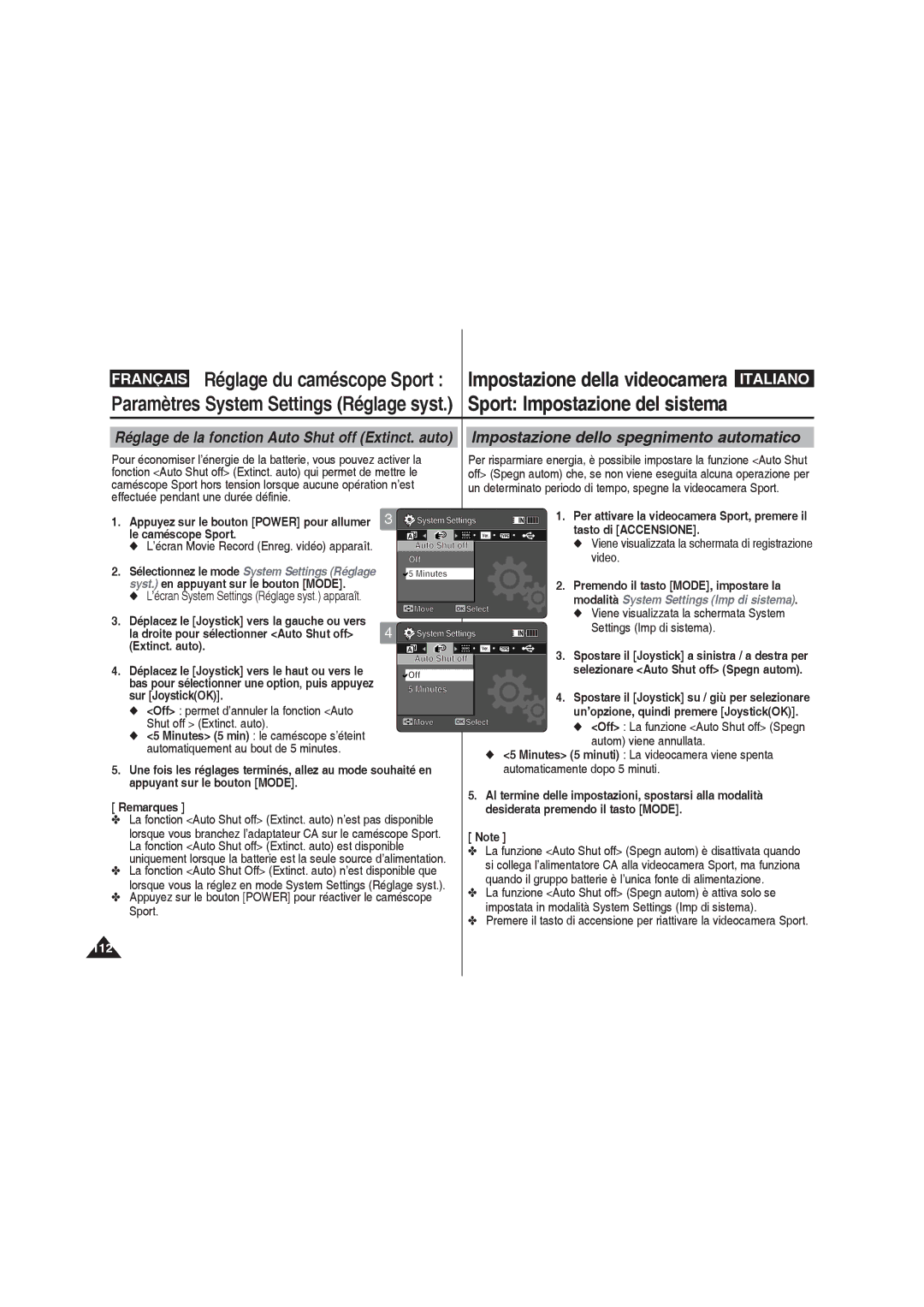 Samsung VP-X210L/XEF manual Shut off Extinct. auto, Autom viene annullata, Automatiquement au bout de 5 minutes, Sport 