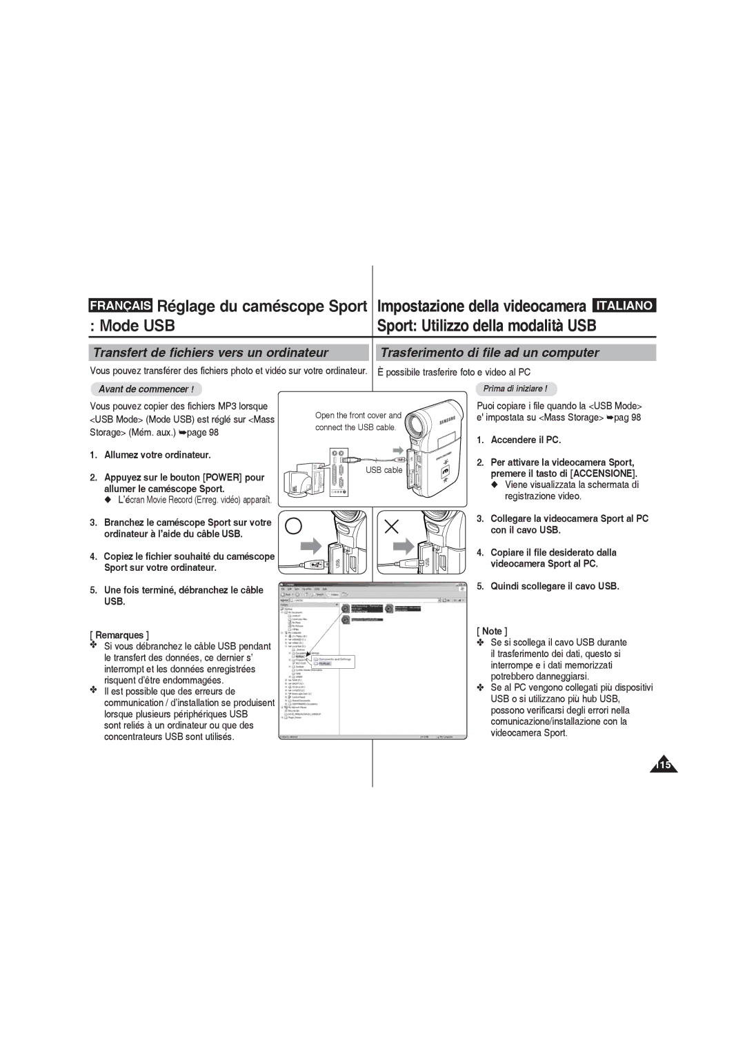 Samsung VP-X220L/XET, VP-X210L/XEF manual Allumez votre ordinateur, Accendere il PC, Copiez le fichier souhaité du caméscope 