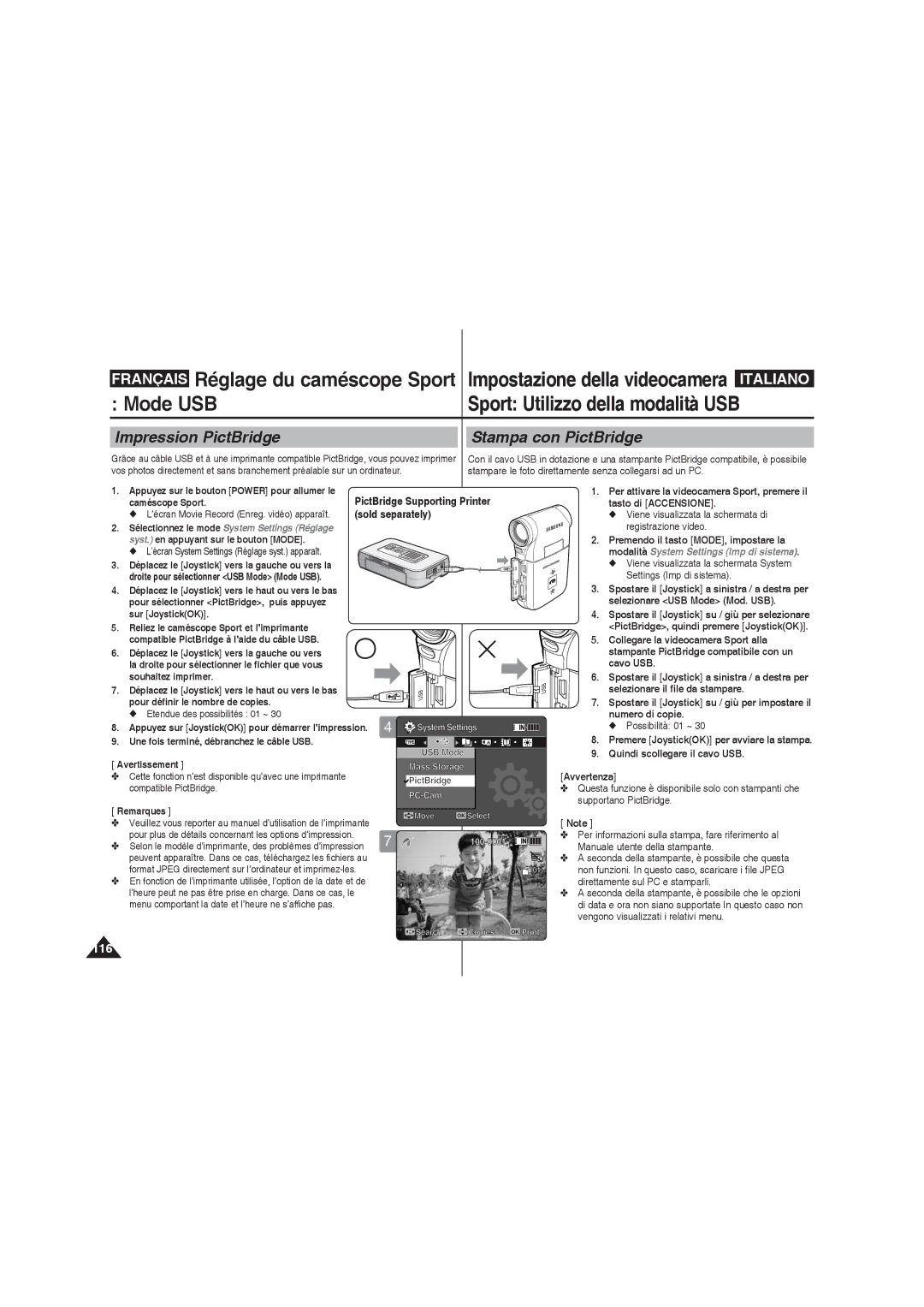 Samsung VP-X210L/XEF, VP-X220L/XEF Mode USB Sport Utilizzo della modalità USB, Impression PictBridge Stampa con PictBridge 