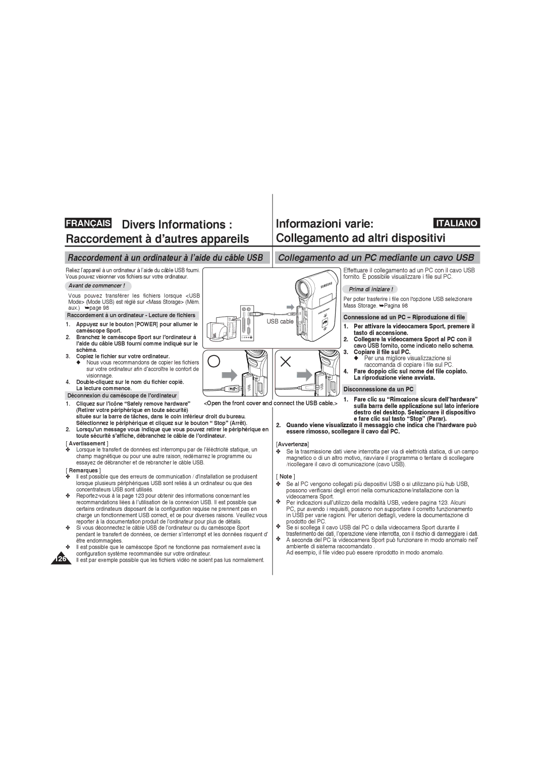 Samsung VP-X210L/XET, VP-X210L/XEF, VP-X220L/XEF, VP-X220L/XET manual Collegamento ad un PC mediante un cavo USB 