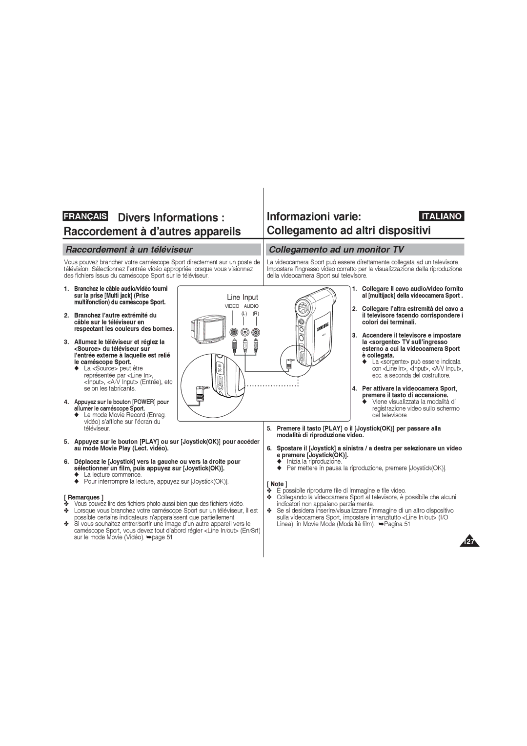 Samsung VP-X220L/XET, VP-X210L/XEF, VP-X220L/XEF, VP-X210L/XET Raccordement à un téléviseur, Collegamento ad un monitor TV 