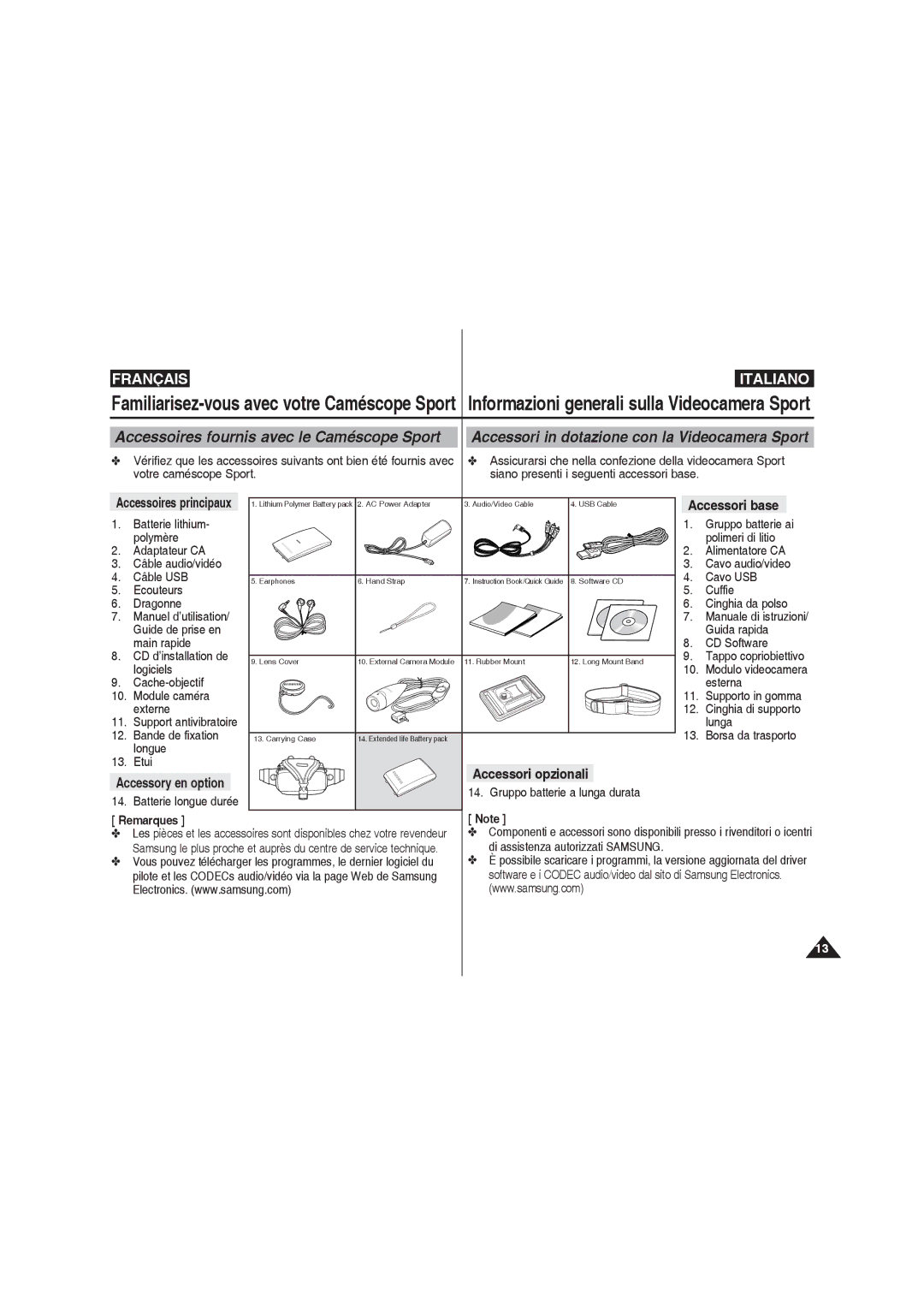 Samsung VP-X220L/XEF Accessoires fournis avec le Caméscope Sport, Accessori base, Accessori opzionali Accessory en option 