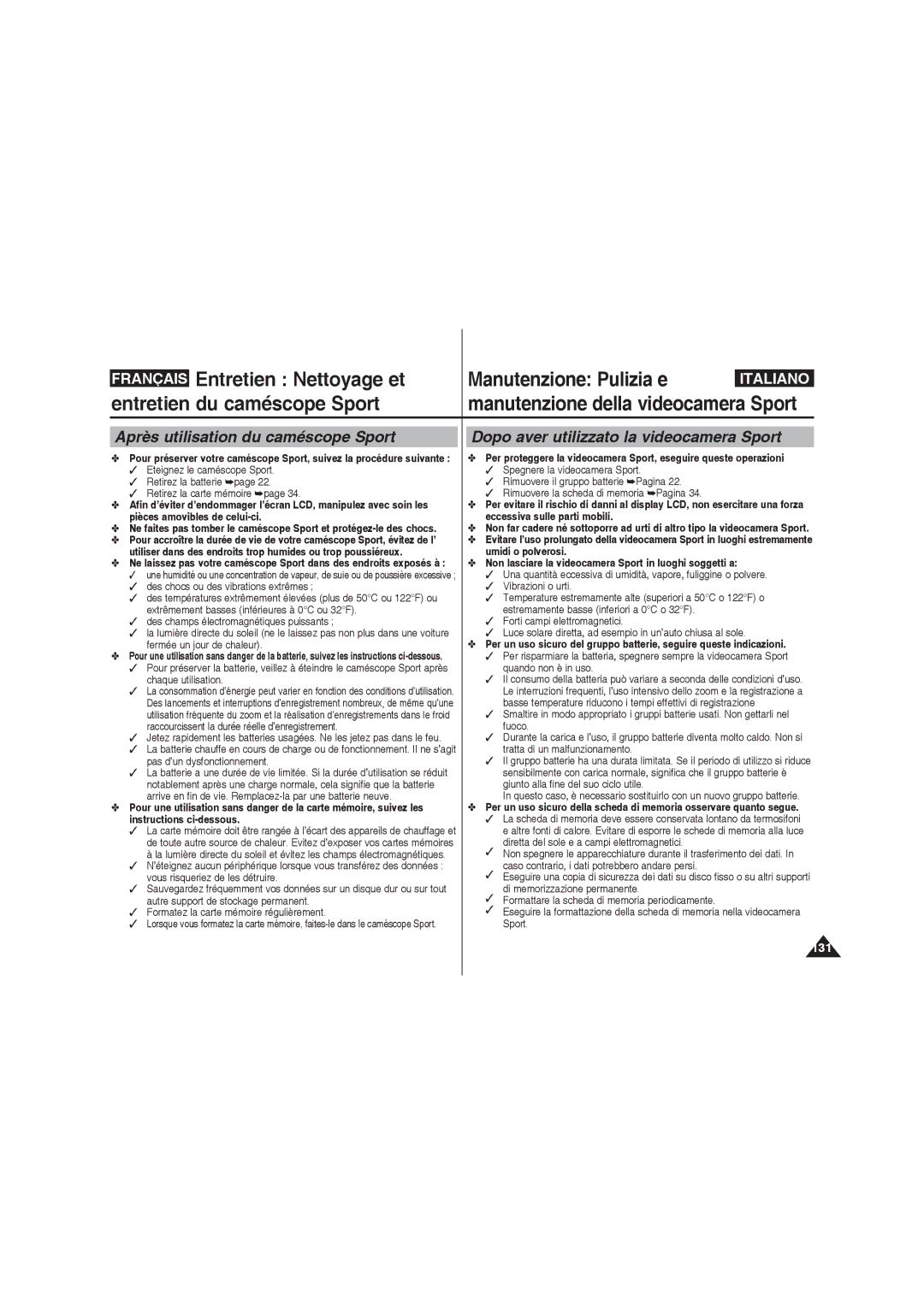 Samsung VP-X220L/XET, VP-X210L/XEF manual Entretien Nettoyage et Manutenzione Pulizia e, Entretien du caméscope Sport 