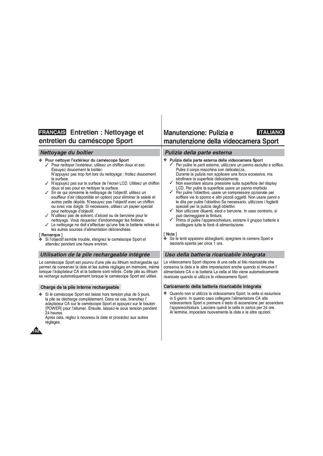 Samsung VP-X210L/XEF manual Nettoyage du boîtier, Pulizia della parte esterna, Utilisation de la pile rechargeable intégrée 