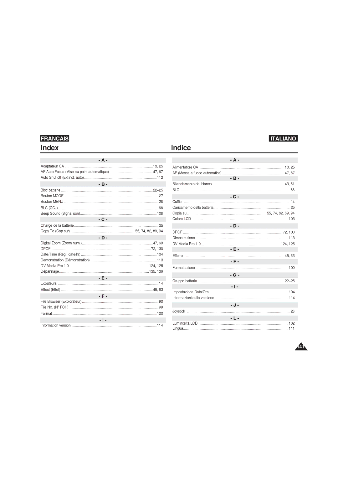 Samsung VP-X220L/XEF, VP-X210L/XEF, VP-X210L/XET, VP-X220L/XET manual Index Indice, 22~25, 135, 55, 74, 82, 89 