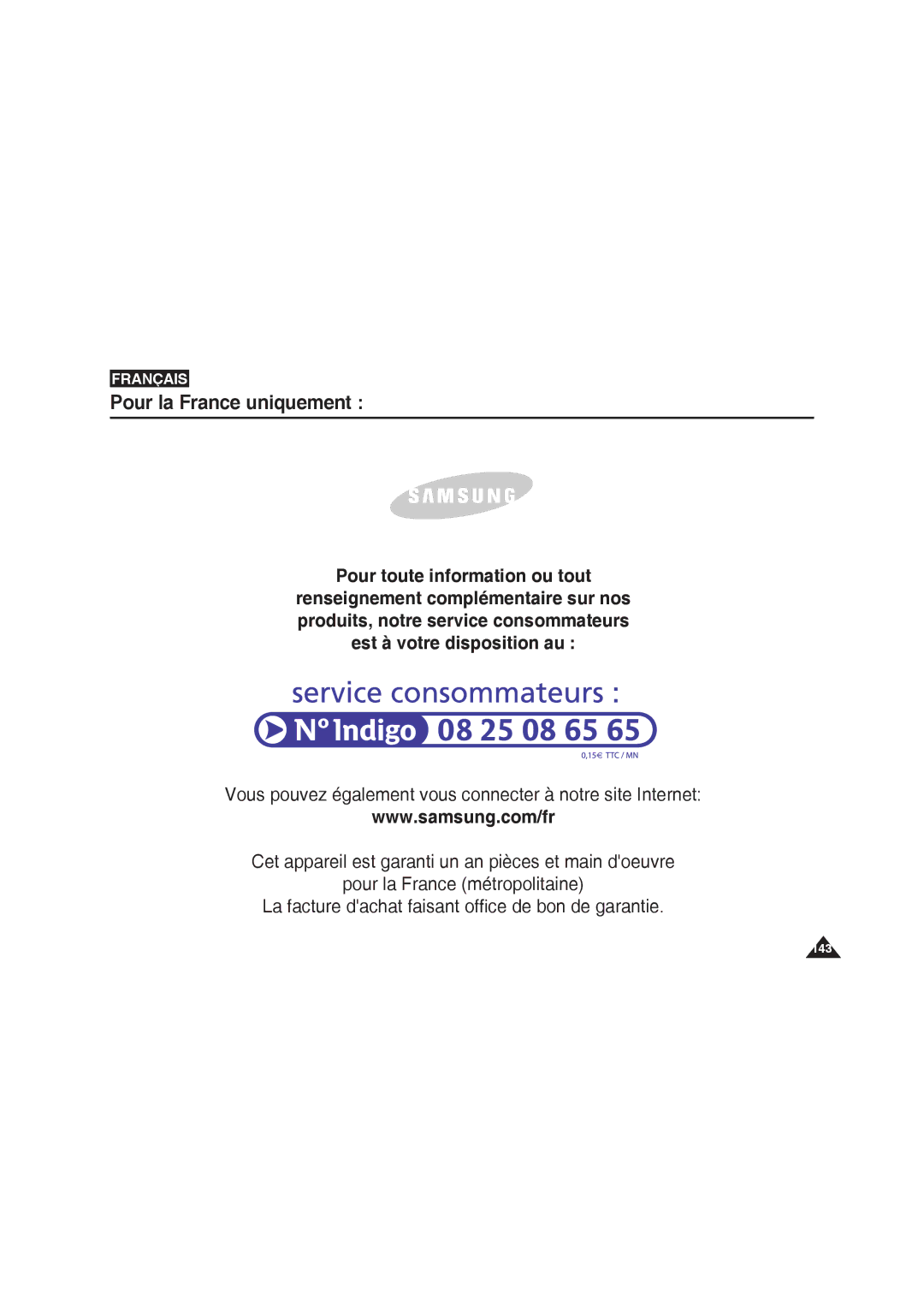 Samsung VP-X220L/XET, VP-X210L/XEF, VP-X220L/XEF, VP-X210L/XET Pour la France uniquement, Pour toute information ou tout 