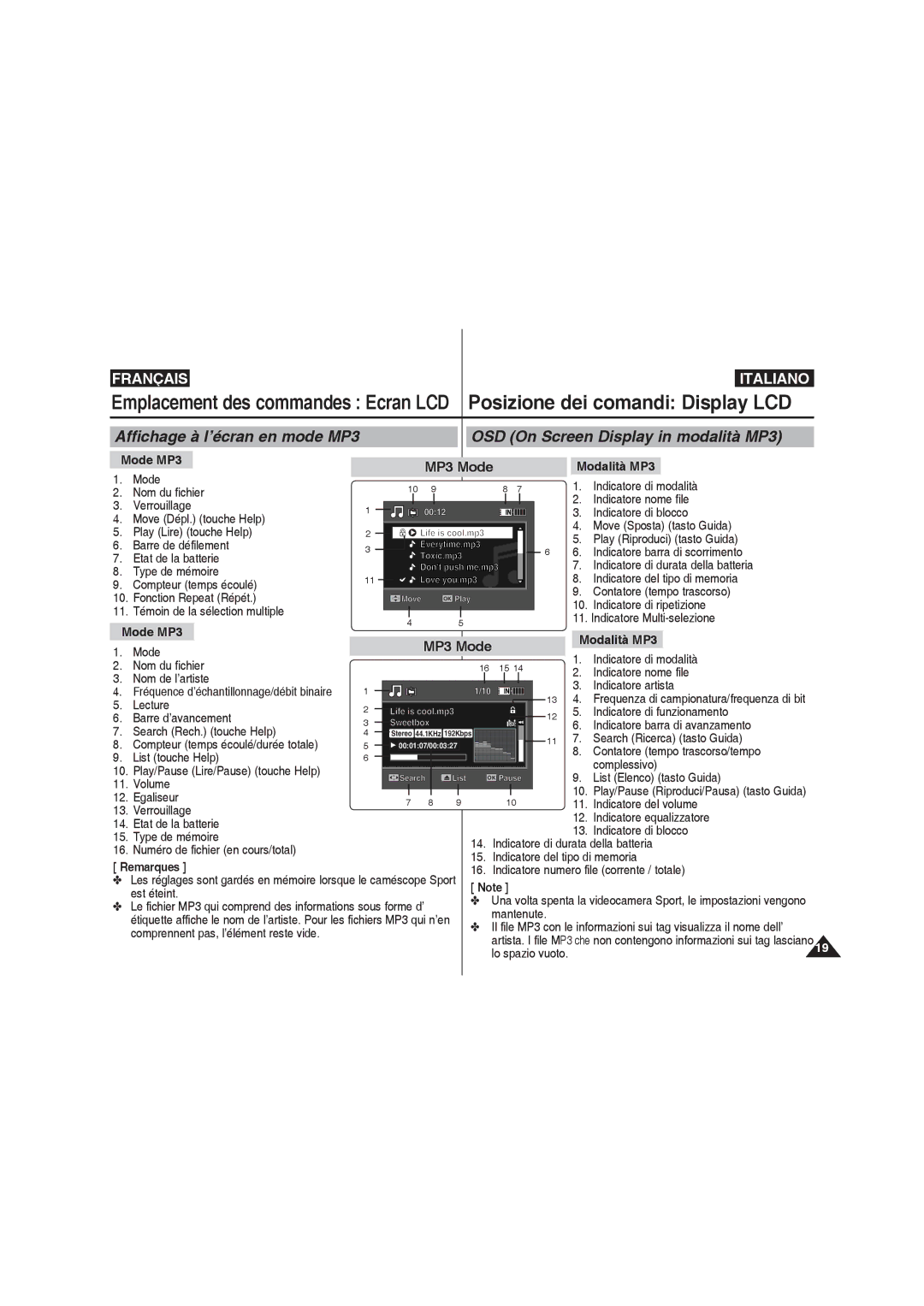 Samsung VP-X220L/XET, VP-X210L/XEF, VP-X220L/XEF, VP-X210L/XET Mode MP3 MP3 Mode Modalità MP3, Mode MP3 Modalità MP3 