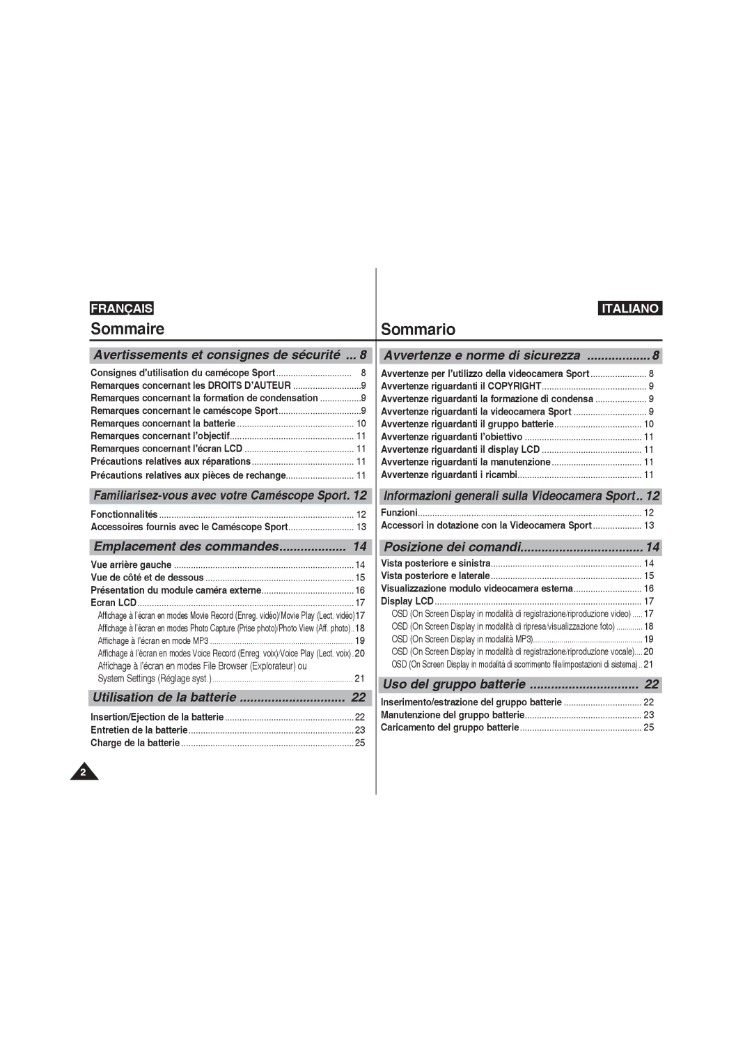 Samsung VP-X210L/XET, VP-X210L/XEF, VP-X220L/XEF, VP-X220L/XET manual Sommaire Sommario 