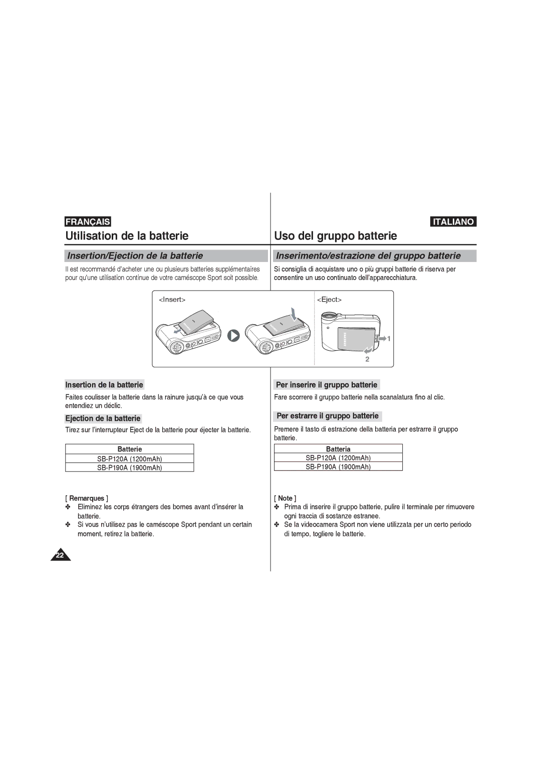 Samsung VP-X210L/XET, VP-X210L/XEF manual Insertion de la batterie, Per inserire il gruppo batterie, Ejection de la batterie 